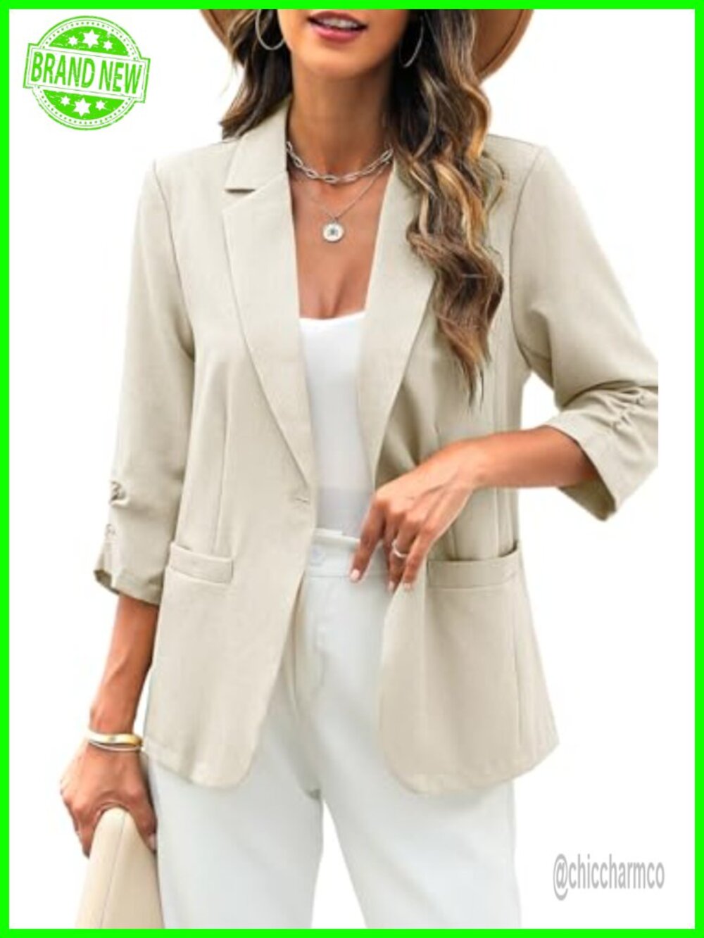 Linen Blend Blazer 3/4 Ruched Sleeves Slim Fit Lightweight Half Lined